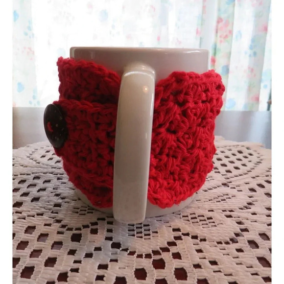 Crochet Cup Cozy Red Handmade Coffee Mug or Tea Warmer - Picture 2 of 5